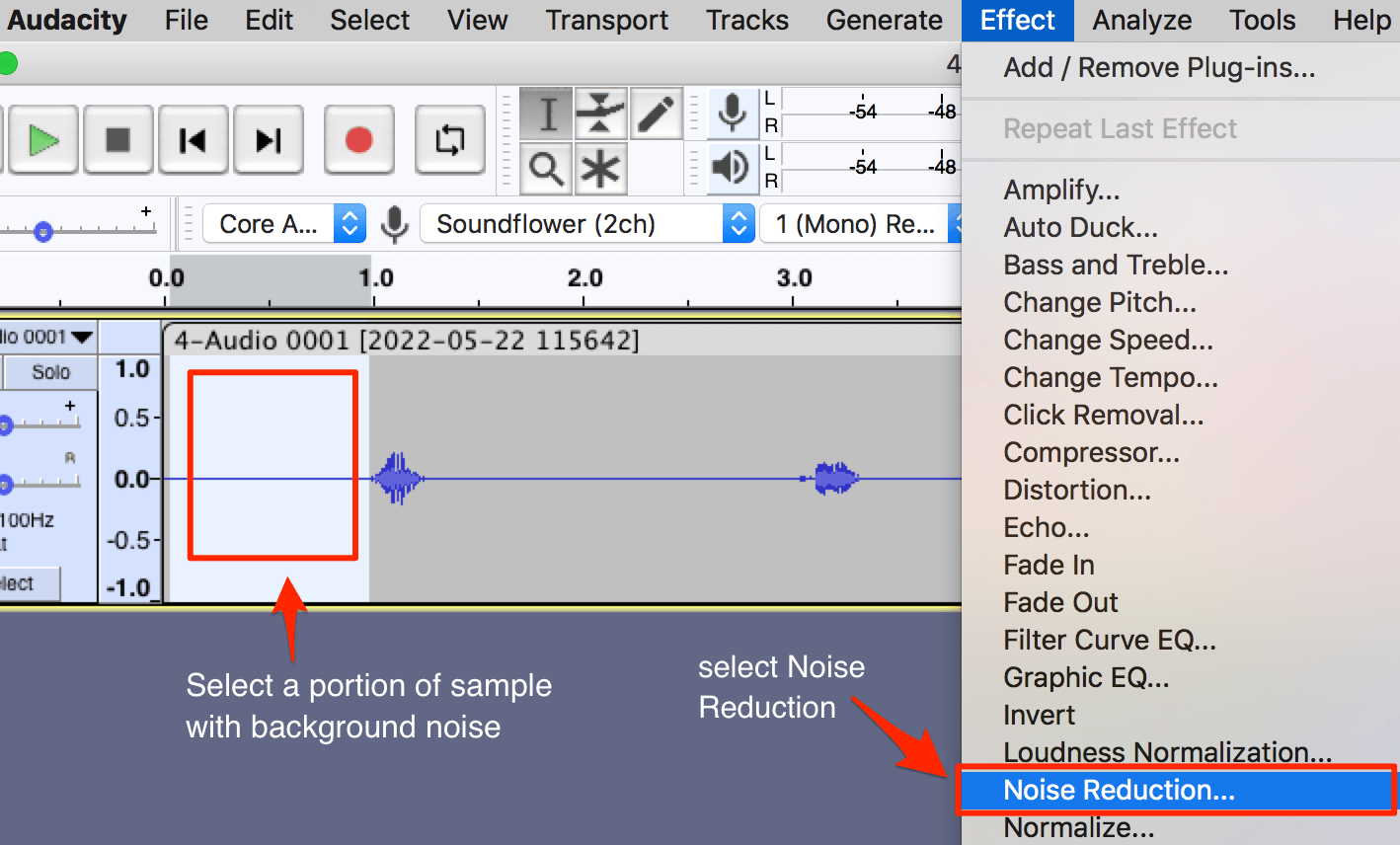 audacity screenshot with portion of sample selected