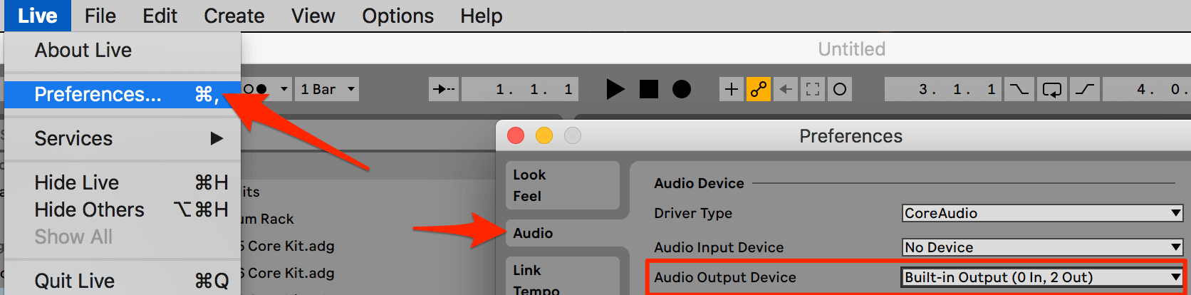 ableton live how to set the audio output device