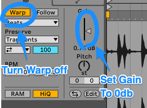 turn warp off and double click gain