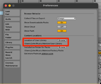 Location of user library